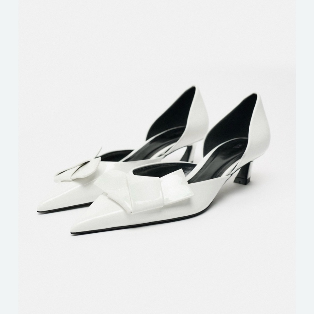 Zara White Pointed D'Orsay Low Heel Pumps with Bow